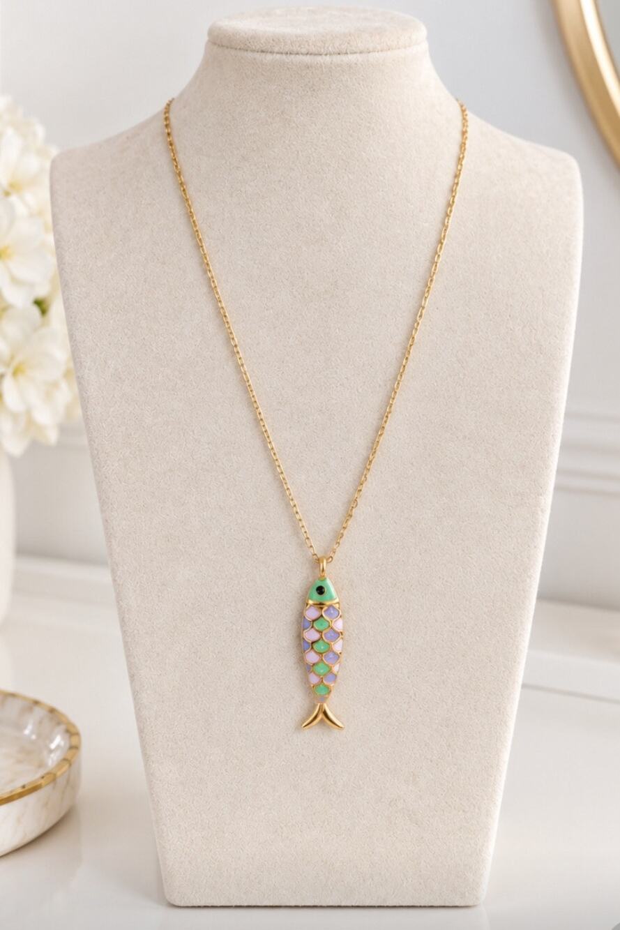 Gold Stainless Steel Lucky Colorful Fish Pendent Necklace New